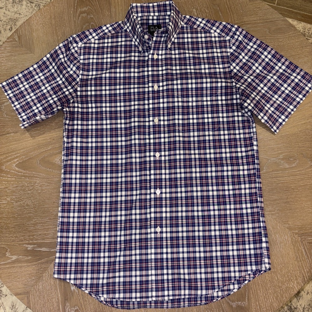 Jos A Bank Short Sleeve Plaid Button Down Shirt Tailored Fit Small Navy/red